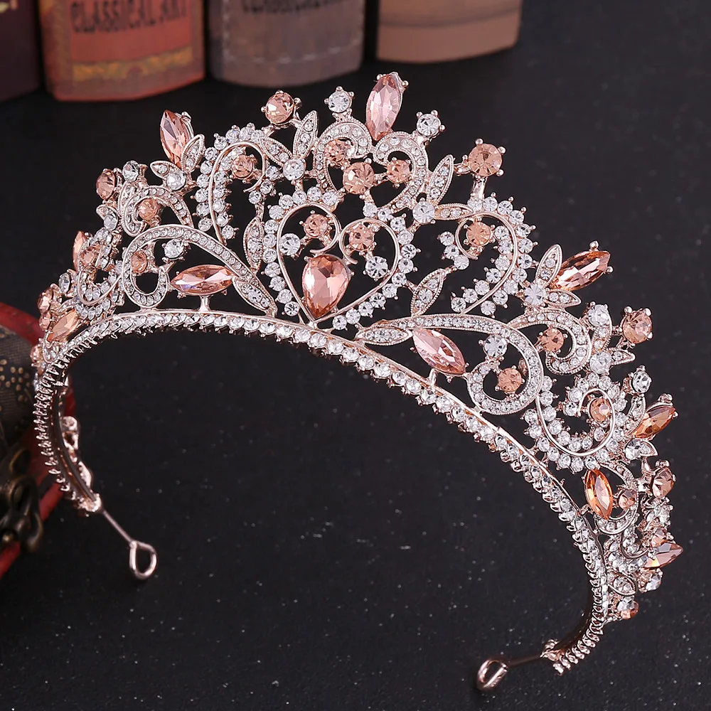 Baroque Vintage Rose Gold Color Heart Crystal Bridal Tiaras Crowns Pageant Rhinestone Diadem Veil Tiara Wedding Hair Accessories hair accessory hair headdress bridal headwear hair band crown