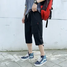 Весна и лето китайский стиль Мужские удобные высококачественные спортивные Одноцветный галстук хлопковые свободные укороченные брюки