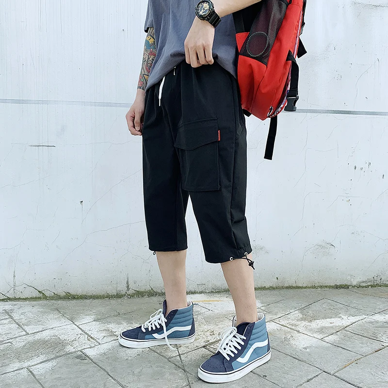 

2019 Spring And Summer New Chinese Style Men Comfortable High Quality Sports Solid Color Tie Cotton Loose Cropped Trousers