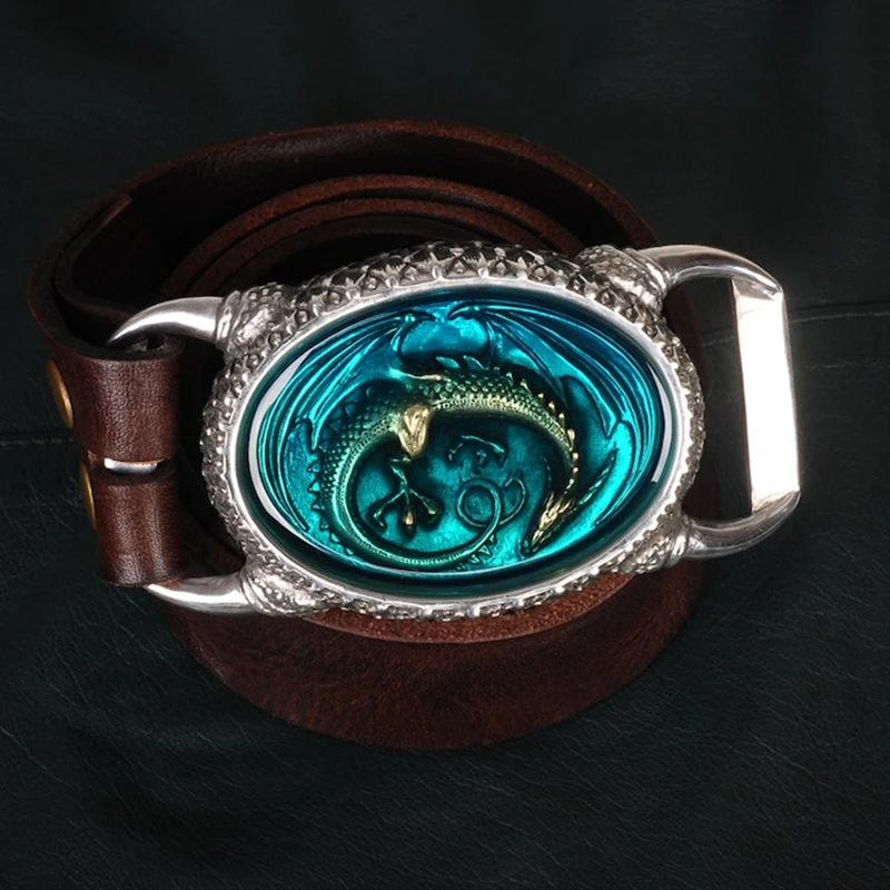 OGRM Handmade Tin Alloy Dragon Buckle Genuine Cowhide Leather Men’s