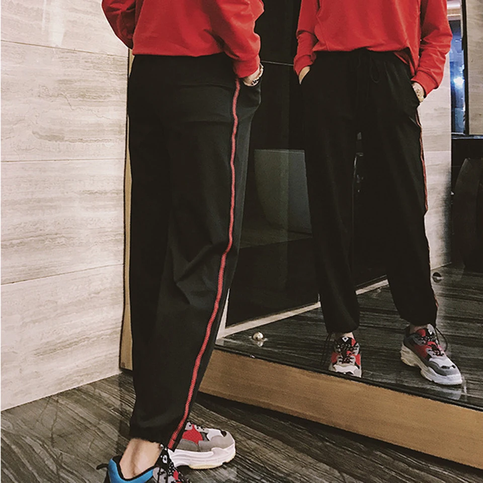 ZYFPGS 2019 Sweatpants Black Cropped Pants Red lines Pants For Women Hip Hop Fashion Korean Pop Stretch Knit Fabric Loose Z1118 ZYFPGS 2019 Sweatpants Black Cropped Pants Red lines Pants For Women Hip Hop Fashion Korean Pop Stretch Knit Fabric Loose Z1118