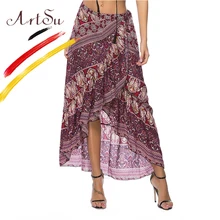 ArtSu Женская юбка макси в стиле бохо Ретро этнический цветочный принт длинные пляжные юбки вечерние юбки летние женские оборки на шнуровке Faldas