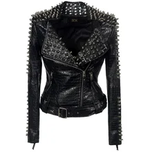  SX Occident Fashion women Club hot style Stud slim fit jacket shoulder rivets zip stitching short PU leather rock coat 