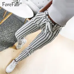 Forefair повседневное полосатый морские брюки поясом лук для женщин мотобрюки 2018 белый костюмы Высокая талия карандаш брюки для девочек