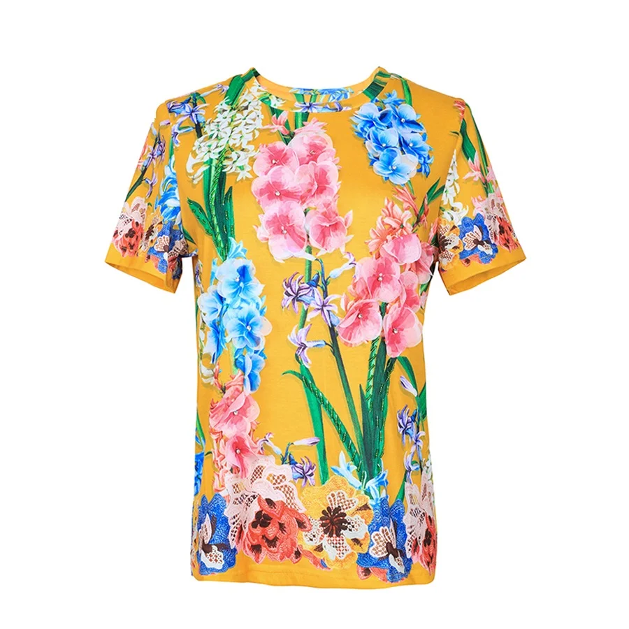 Wholesale Women's Tops Summer Fashion Runway New Yellow Orchids Printed Beaded Crystal Designer T-Shirts Casual Tshirt | Женская
