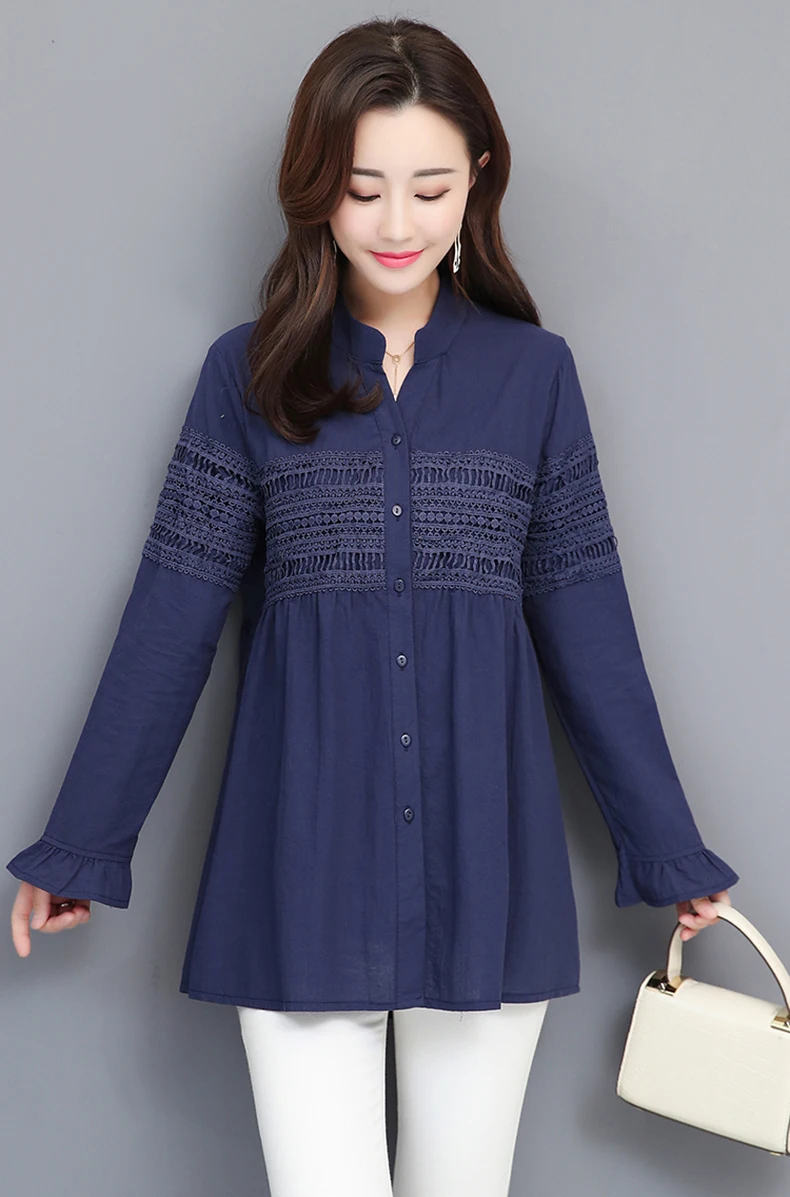 Women Fashion Blouse 2019 New Autumn Cotton Linen Lace Chinese Style Cardigan Full Long Sleeve Female Woman Blouse Vestidos Tops (12)