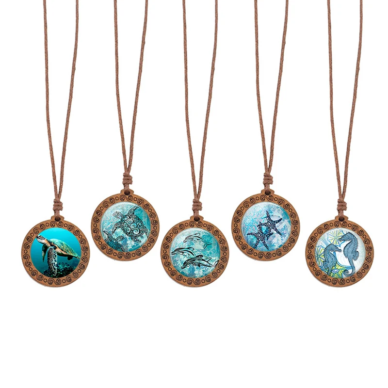 

Turtle Glass Cabocho Wooden Necklace Ocean Jewelry Turtle Dolphin Starfish Pendant Necklace Bohemia Rope Necklace