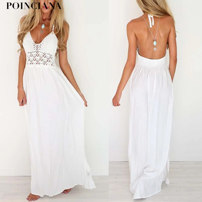 

Beach Dress Lace Stitching Chiffon Sexy Elegant Sling Backless Dress Long Summer Dress 2017 White Women's Beach Clothing