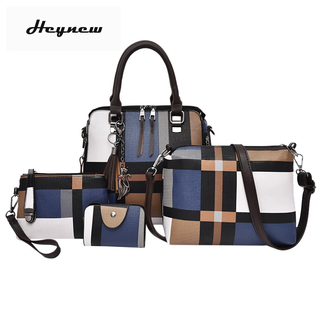 

4Pcs/set Composite Tassel Bag lady Fashion England style blue plaid Shoulder Crossbody Handbag designer Phone Bags For Women