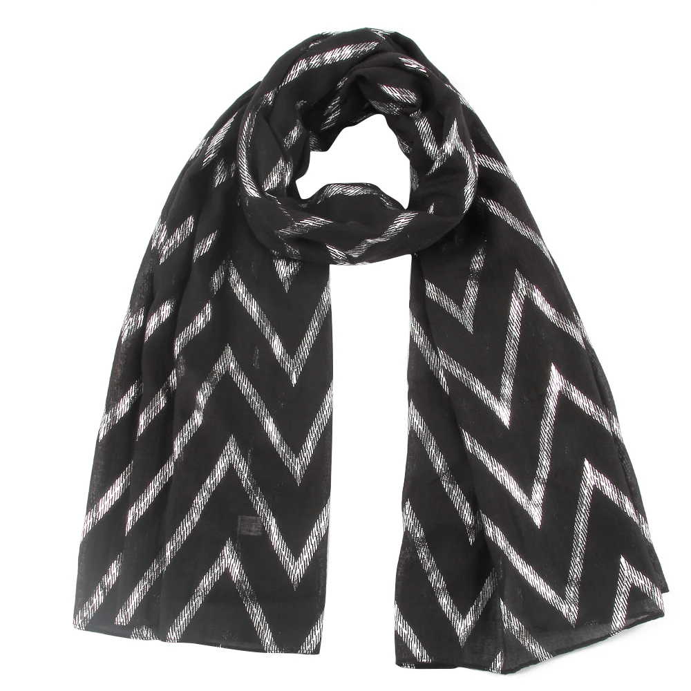 

FOXMOTHER New Design Black White Grey Color Foil Sliver Wave Zig Zag Chevron Foulard Glitter Scarf Wraps Womens Mother Gifts