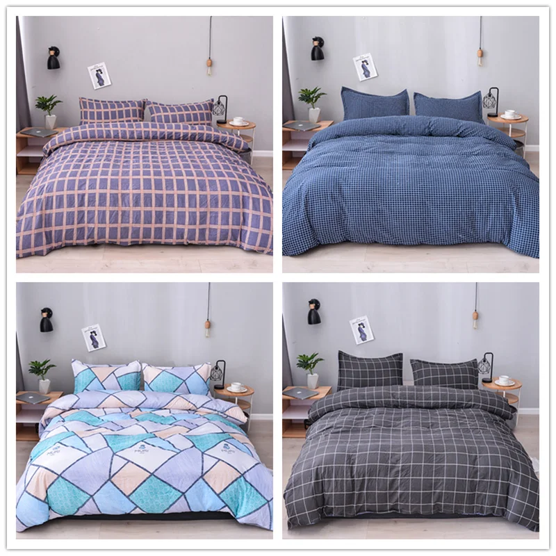 

Boniu Washed Cotton Solid Color Bedding Set 2/3pcs Simple Geometric Plaid Duvet Cover Pillowcases Twin Queen King Size