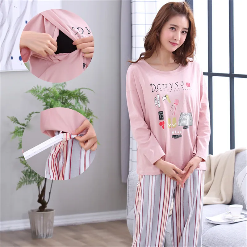 Maternity Striped Pajamas Set Full Sleeve Breastfeeding Sleepwear Nursing Pajamas for Pregnant Women Maternity Clothings