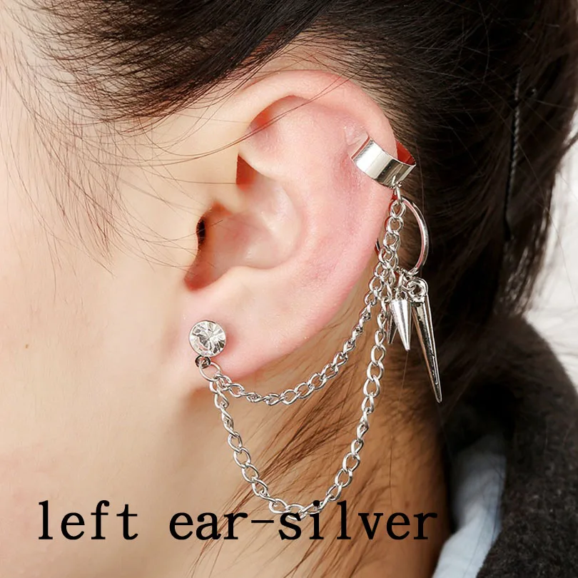 Left ear silver В стиле панк Jewelry Кафф с кристаллами инкрустированные Многослойные Ссылку цепь-бахрома сплава Спайк Earcuffs Для женщин Gif заклепки клипсы - Окраска металла: Left ear silver