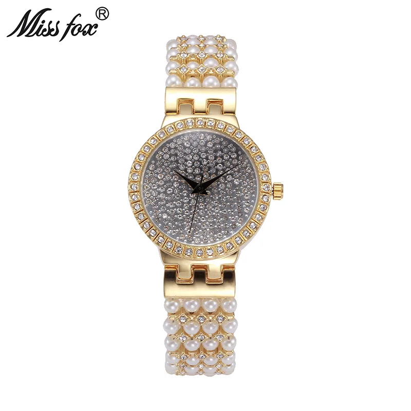 

Miss Fox Brand Luxury Women Dress Watch Full Diamond Rhinestone Female Wristwatch Pearl Chain Strap Waterproof Femme Horloge New