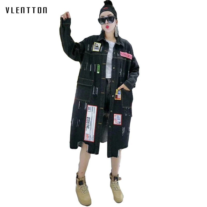 

2019 New Casual Long Jean jacket sequined denim jacket Women Long sleeve spring autumn black sequined coat women's windbreaker