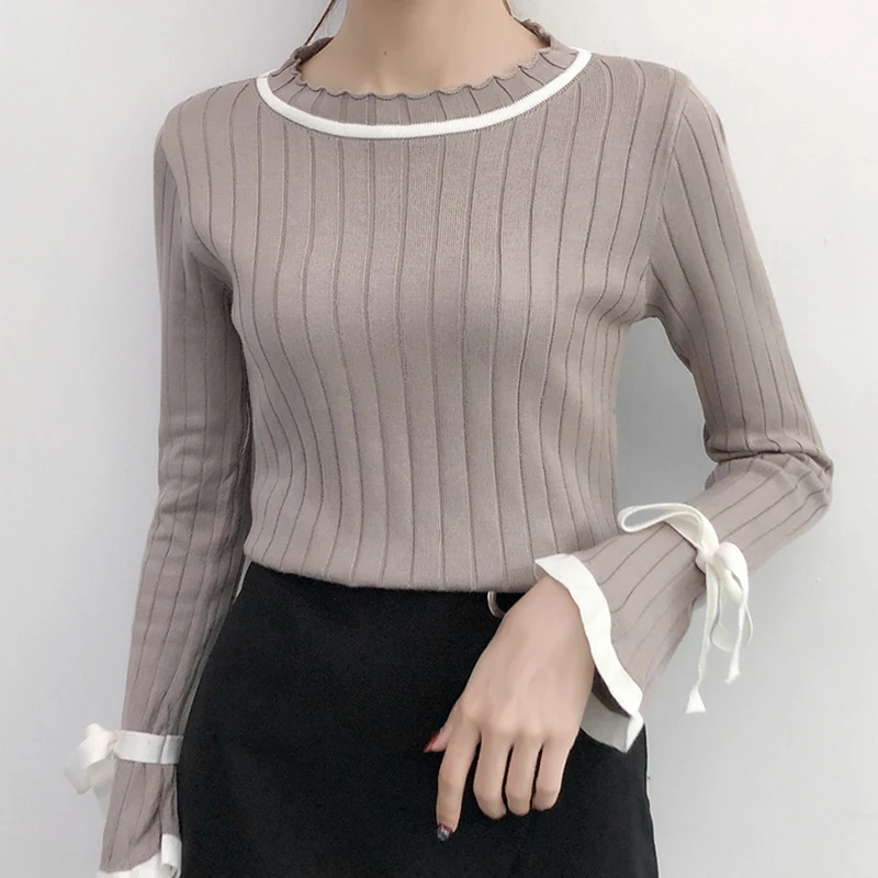 Shintimes Bow Sweater Women Flare Sleeve Womens Winter Fashion 2018 Ruffled Collar Woman Sweater Pullovers Korean Sueter Mujer Shintimes Bow Sweater Women Flare Sleeve Womens Winter Fashion 2018 Ruffled Collar Woman Sweater Pullovers Korean Sueter Mujer