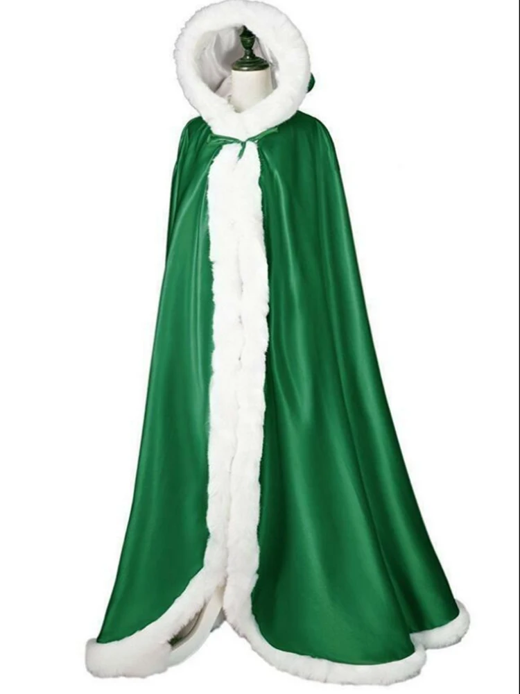 Свадебный плащ Зимний с капюшоном из искусственного меха отделка атласная Свадебная шаль накидка Свадебные Длинные вечерние свадебные накидки для невесты - Цвет: Зеленый