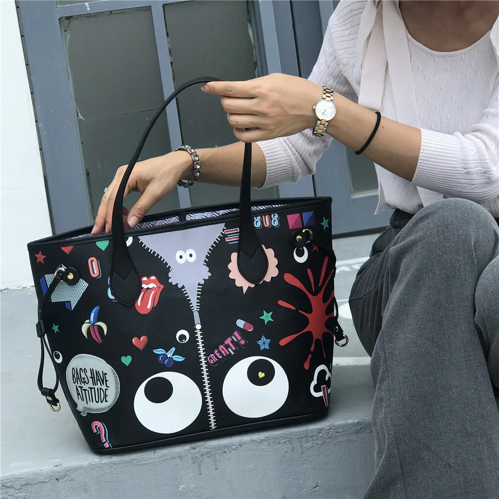 

New Euro-American Cartoon Eye Graffiti Girl Bag, Single Shoulder Handbag, Leisure Shopping Bag, Mother Bag, 2019