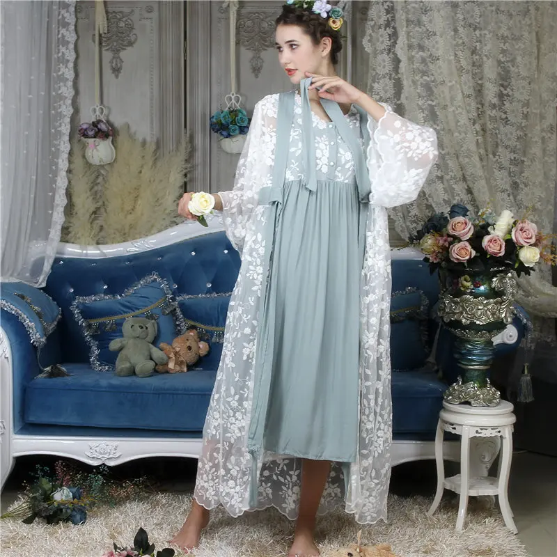 2019 осень Для женщин пижамы Двойка платье халат набор поясом Белое кружево кимоно без рукавов Свободные ночь платье элегантный Домашняя
