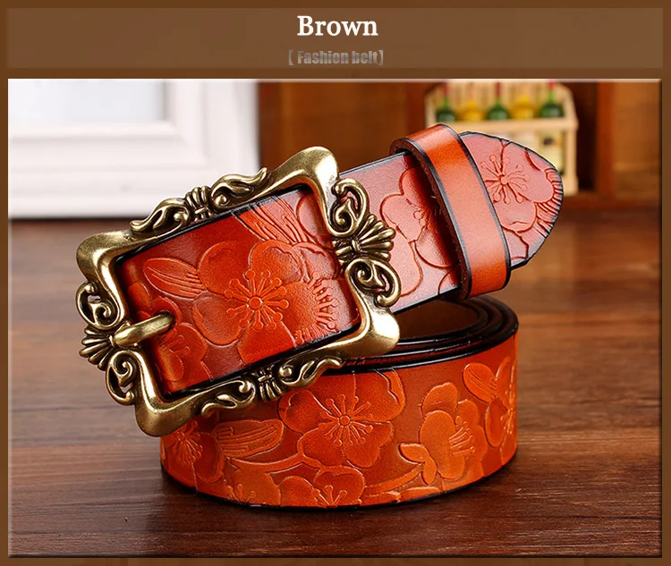 Wide Genuine Leather Belts For Women Vintage Floral Pin Buckle Belt