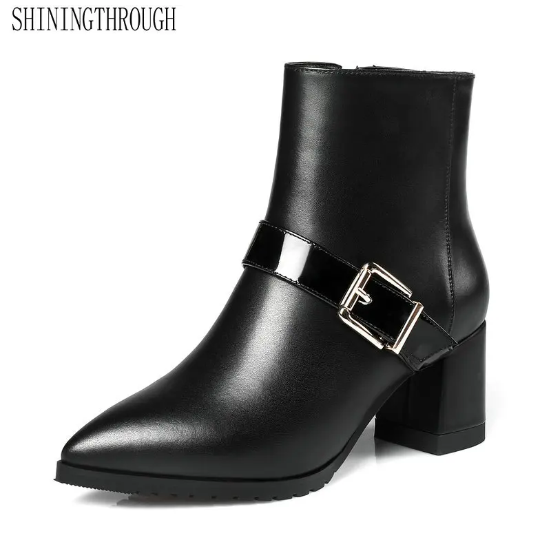 

Genuine Leather Ankle Zipper Women Shoes Spring Autumn Women Shoes Fashionable Metal Buckle Decoration High Heel Party Shoes