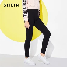 SHEIN/черные однотонные повседневные штаны с эластичной резинкой на талии для девочек; леггинсы для девочек; коллекция года; сезон весна; модные элегантные узкие брюки; Корейская одежда для детей