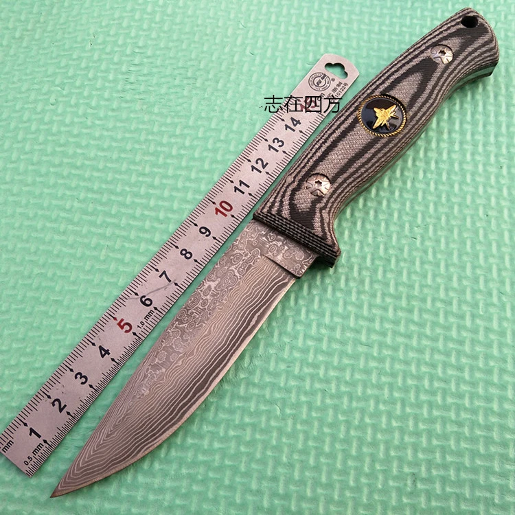 One Damascus pattern steel Hunting knife Fixed Blade Knife Leather handle Tactical Knife Outdoor camping survival Knives gift