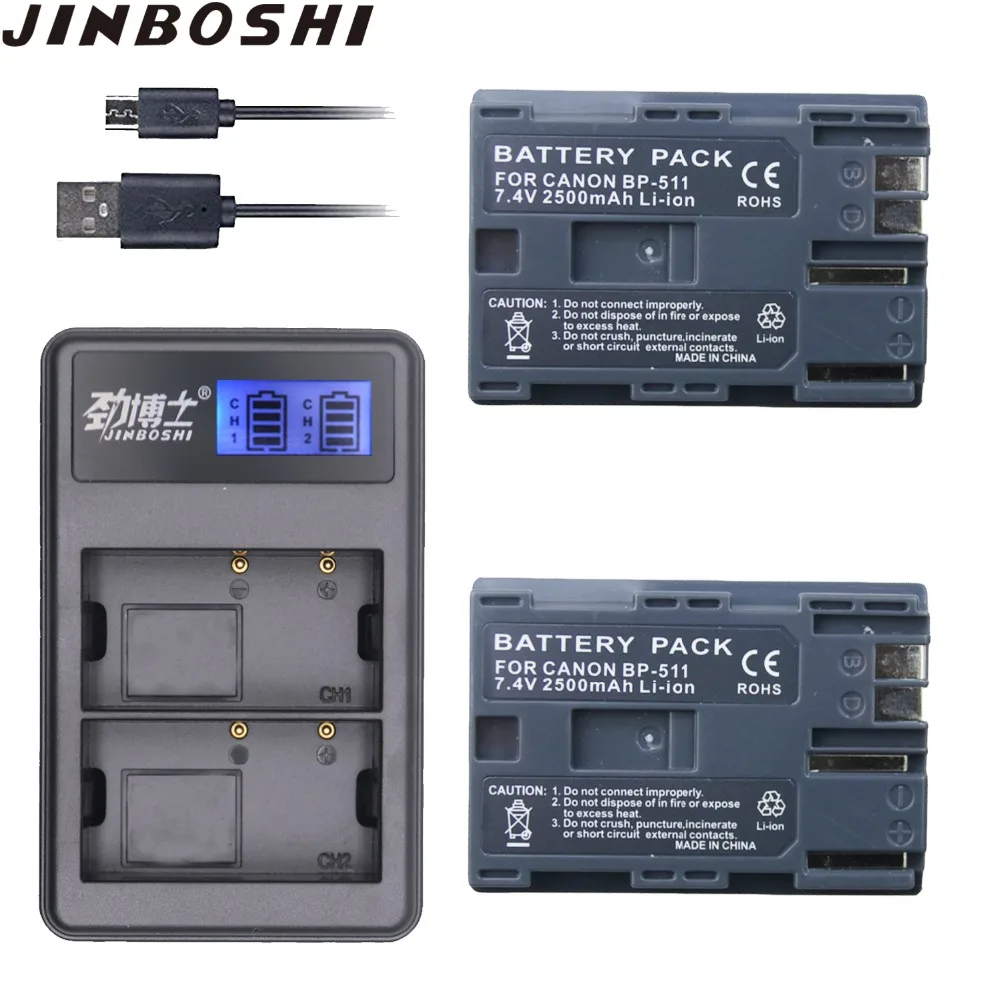 

2PCS 2500mAh BP-511 BP 511 BP511 BP511A BP-511A Battery + LCD USB Charger for Canon EOS 50D 40D 30D 20Da 20D 10D 5D 300D