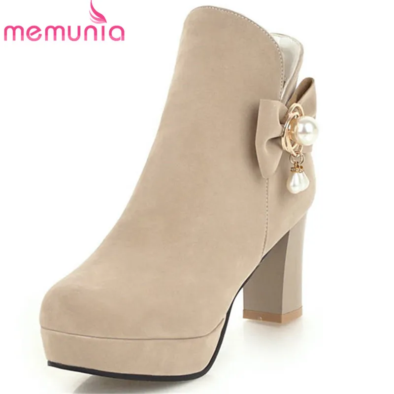 

MEMUNIA 2020 new arrival ankle boots women flock round toe zipper boots sweet bowknot autumn winter boots platform shoes woman