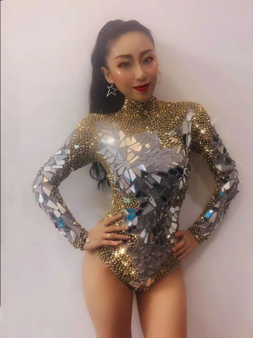 Women Gold Rhinestones Bodysuit Long Sleeve Sequins Leotard Pole Dancing Catsuit Stretch Jumpsuit Nightclub Dj Singer Costumes plus size bodysuit