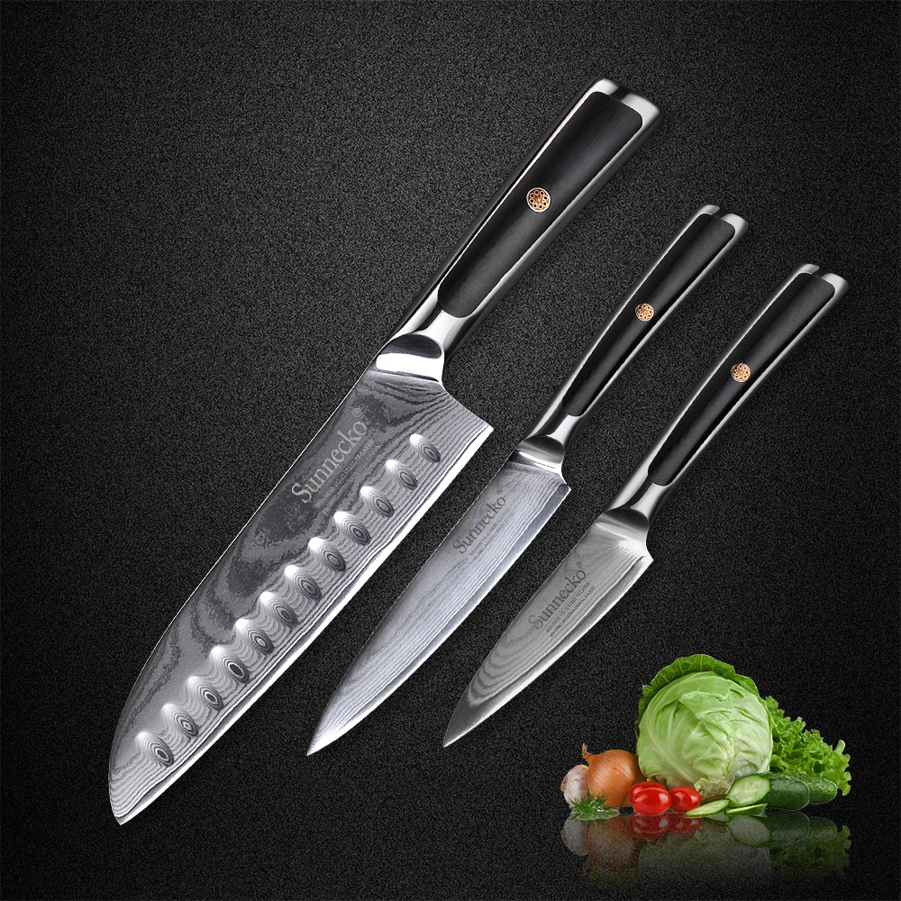 

SUNNECKO New 3PCS Kitchen Knives Set Santoku Utility Paring Knife Japanese VG10 Core Damascus Steel Blade G10 Handle Meat Cutter