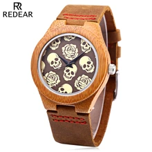 REDEAR Femmes Quartz Importés Movt Crâne Motif En Bois Cas Montre-Bracelet