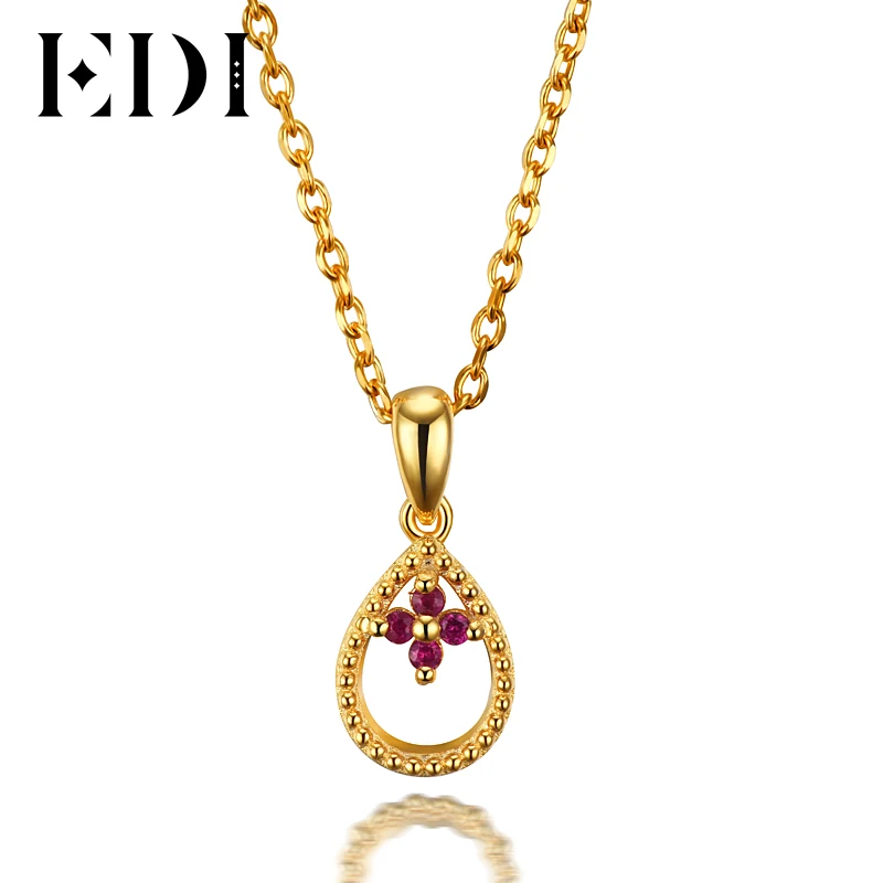 

EDI Fashionable Round Natural Ruby Wedding Pendants For Women 14K Yellow Gold Gemstone Pendant 16' Necklace Chain Fine Jewelry