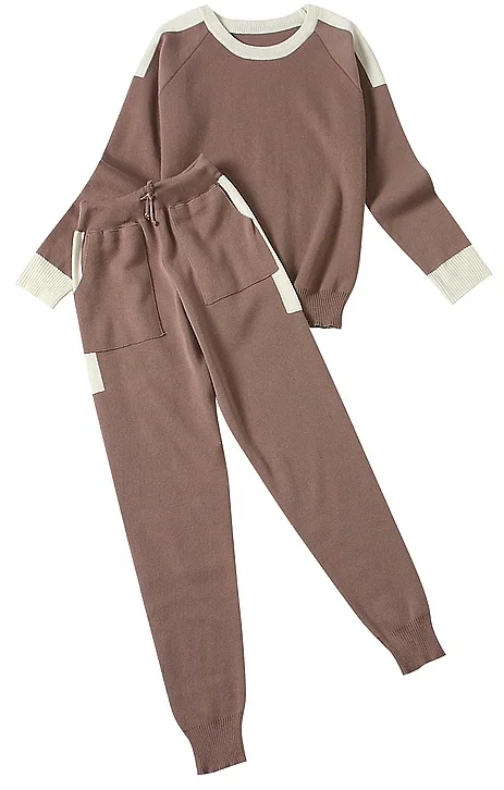 

Aautumn Winter Women Knit Pants and Sweater 2pcs Clothes Sets Round Neck Pullovers Color Knit Pocket Pants Sets
