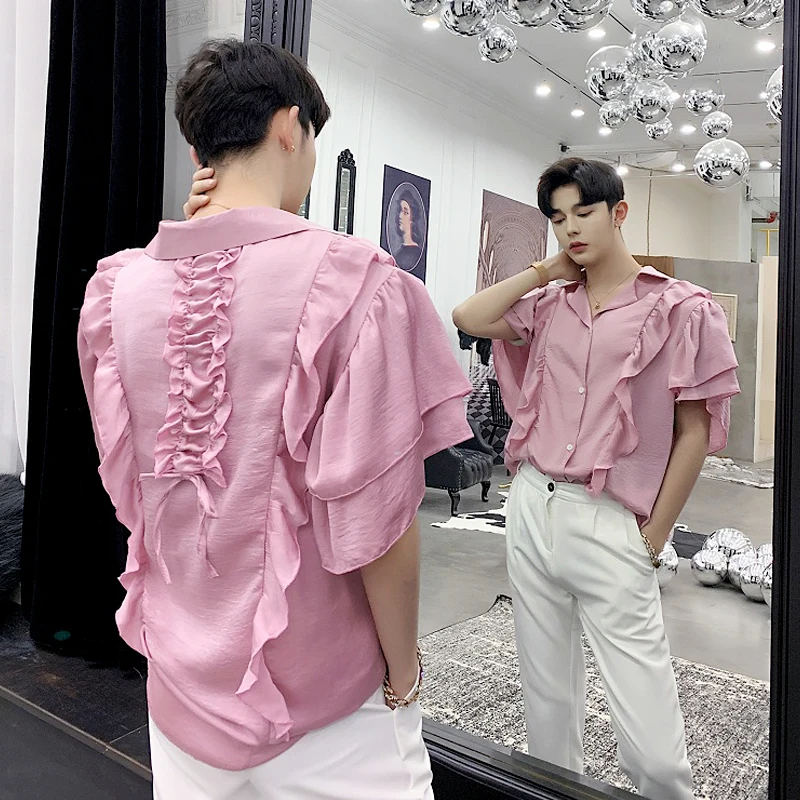 

2019 Summer fashion ruffled flounce white pink shirt vintage casual streetwear mens Korean style short sleeve shirts blouse