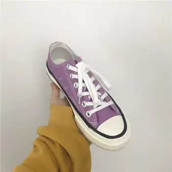 

2018 new purple canvas shoes female retro low solid color casual shoes solid color flat shoes.