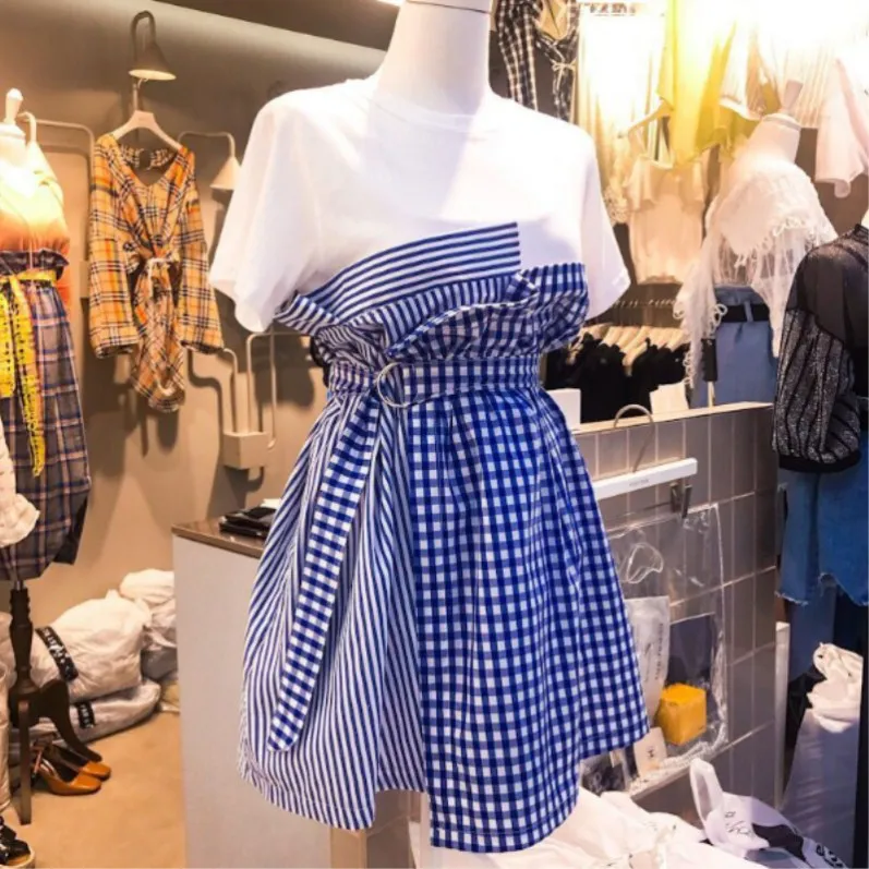 2019 Summer Casual Dress Short Sleeve Splice Plaid Dress Fake Two New Women s Dress A-Line Patchwork Short Sashes Knee-Length 2019 Summer Casual Dress Short Sleeve Splice Plaid Dress Fake Two New Women s Dress A-Line Patchwork Short Sashes Knee-Length