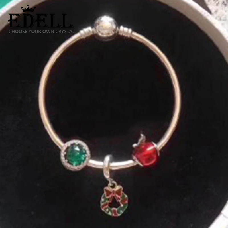 

EDELL 100% 925 Sterling Silver Christmas Wishes Floral Apple Crystal Charm Bracelet Set Holiday Gift Original Jewelry