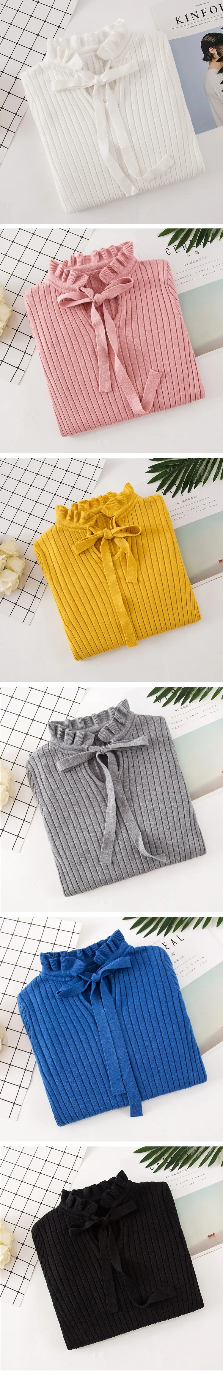 18 Autumn Winter Knitted Sweater Pullover Pull Femme Cute Warm White Yellow Lace Up Ruffles Turtleneck Women Sweater Jumper 3 18 Autumn Winter Knitted Sweater Pullover Pull Femme Cute Warm White Yellow Lace Up Ruffles Turtleneck Women Sweater Jumper 3