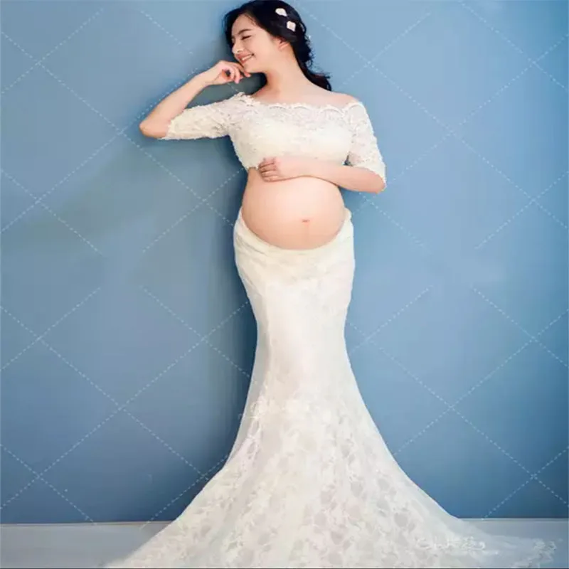 

Maternity Photography Props Dresses Gown Long White Lace Dress Transparant Pregnancy Clothes For Pregnant Women Vestdios
