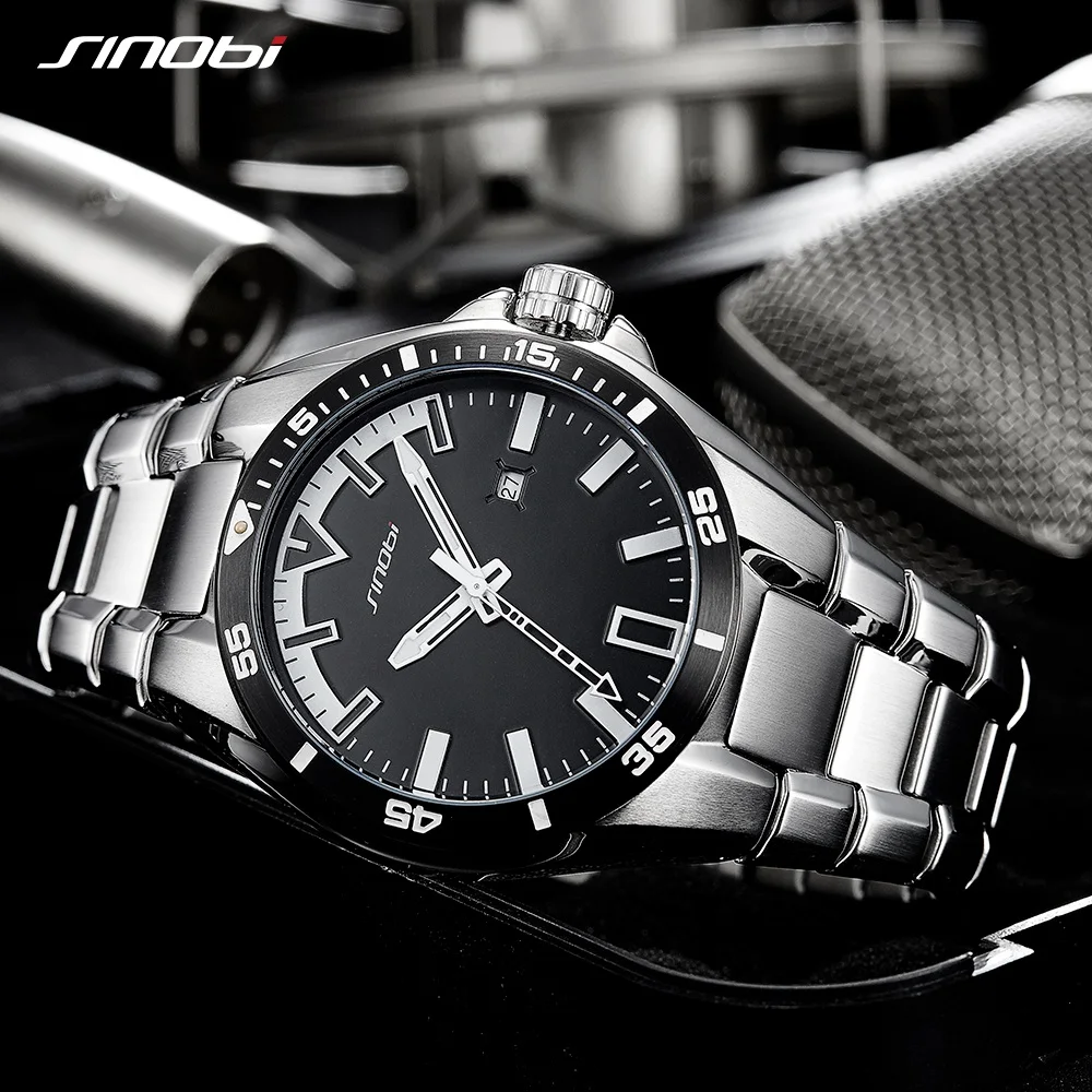 SINOBI Mens Quartz Mens Watch Full Steel Male Fashoin Military Male Wrist Watches Man Luminous Hand