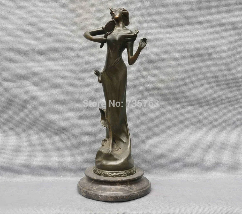 

001318 16'' Pure Bronze beauty Woman look into the mirror Statue Figurine