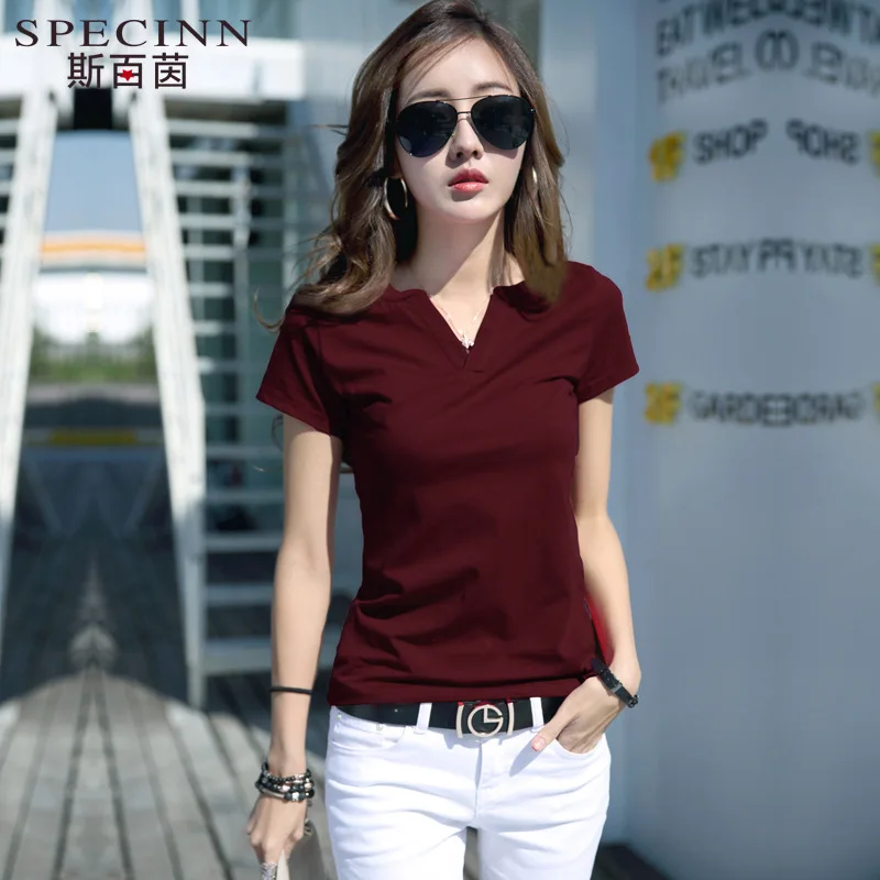 

Spring summer fashion office women solid color bottoming shirt Korean slim V-neck work short-sleeved t-shirt women shirt casual