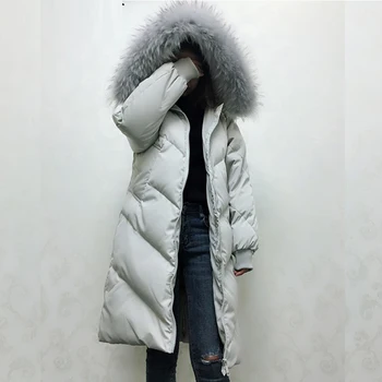 

Down Jacket Winter Coat Women Fashion Big Raccoon Fur Collar Hooded Long Coats Loose Casual Parka Female Thick Down JacketYP2127