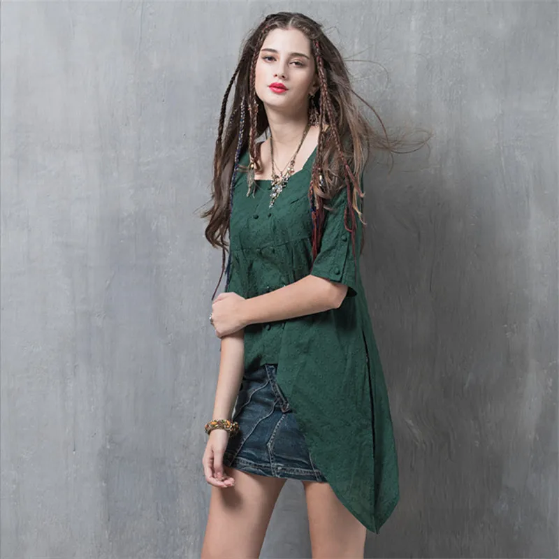 

Vintage Autumn Shirt Women 2017 New Cotton Polyester Casual Blouse Square Collar Floral Embroidery Asymmetrical Blusas Feminina
