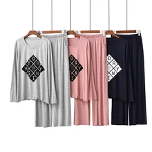 Autumn&Spring Ladies Pajamas Set Simple Style Letter Printed Round Neck Long Sleeve+Pants 2Pcs Comfort Loose Homewear Set