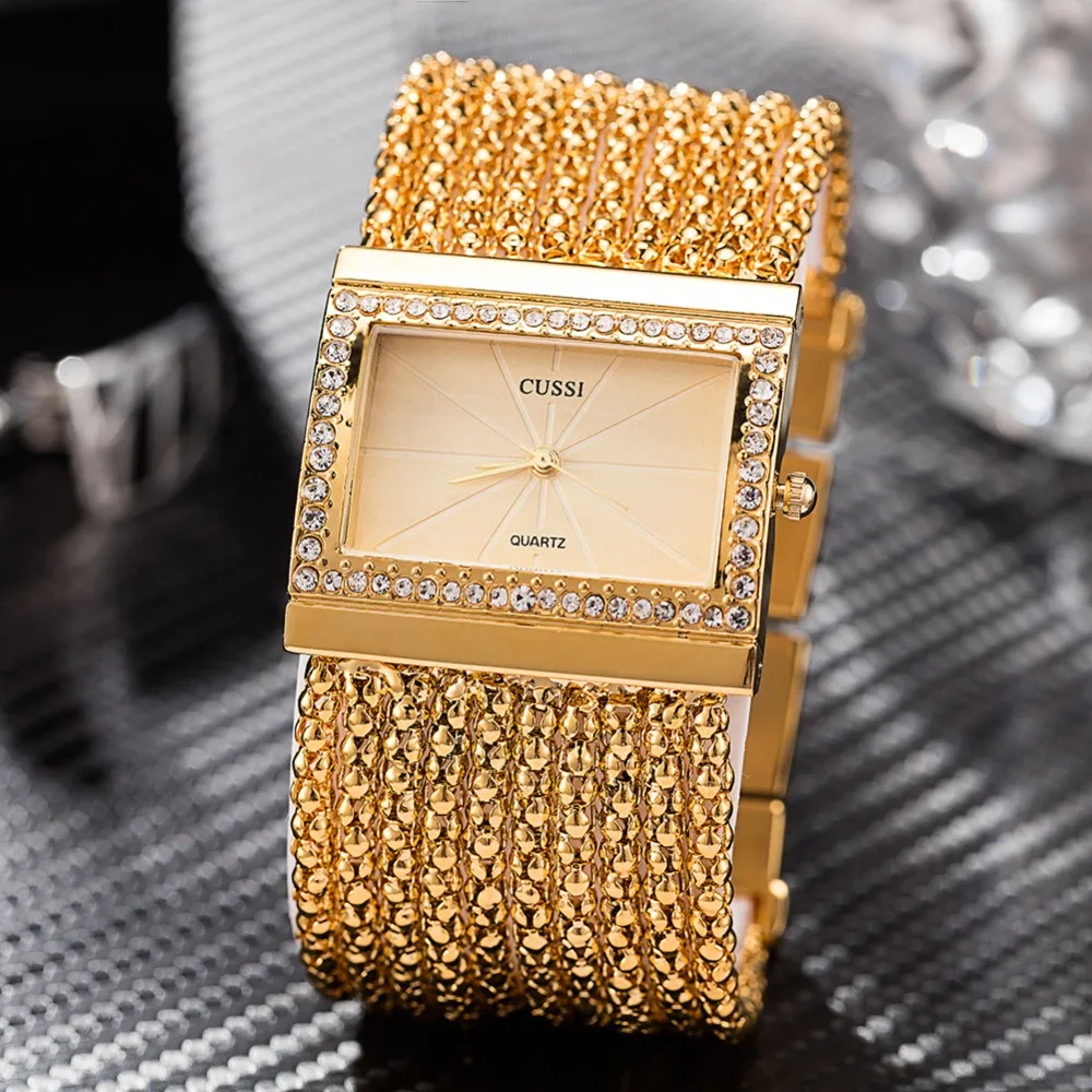Cussi браслет-цепочка часы золото/серебро IP Позолоченные бриллиантовый циферблат кварцевые часы модные женские роскошные часы под платье с коробкой