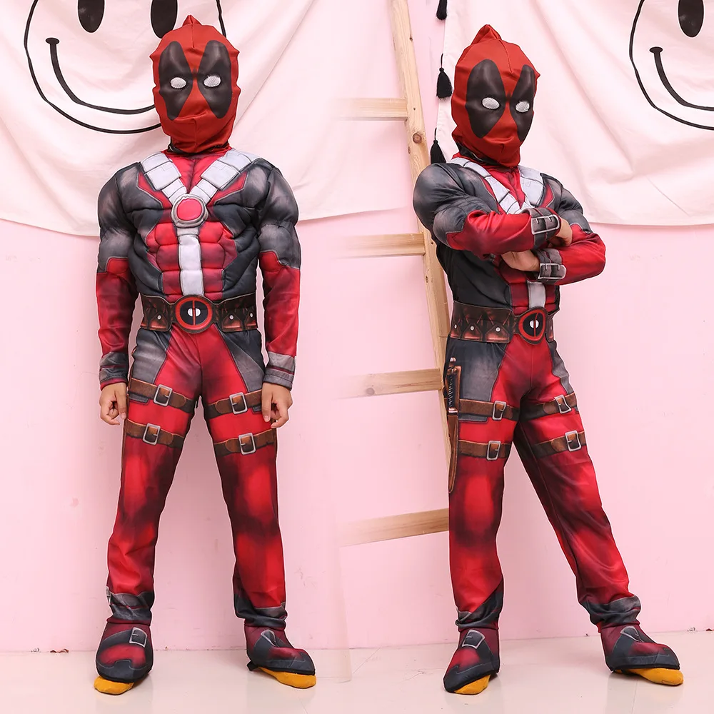 

superhero cosplay Muscle deadpool halloween costumes for kids girls boys children with mask onesie red Carnival avengers Fancy