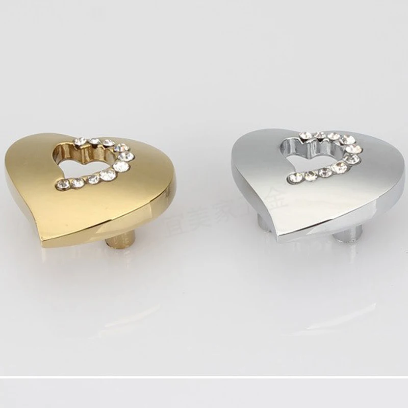 

31*36mm heart shape cabinet knobs Silver golden handles color zinc alloy crystal furniture drawer single hole knobs hollow out