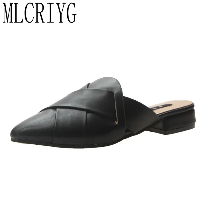 

2019 New Summer Women PU Slippers Low Heels Concise Pointed Toes Wild Shoes Woman Office Ladies Outdoor Flip Flops for Dress